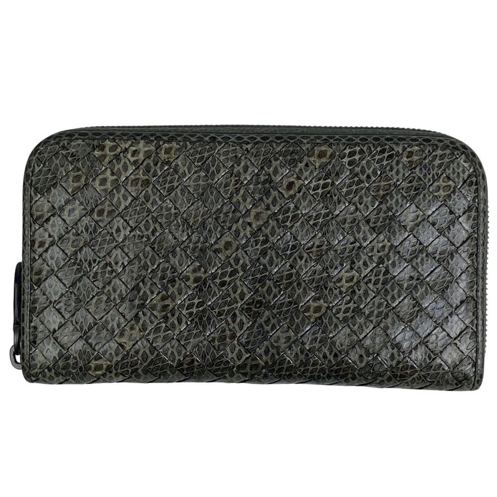 Bottega Veneta Intrecciato Long Wallet Round Zipper Python Leather Gray
